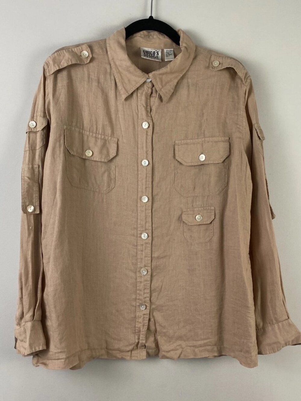 Chicos Linen Utility Button Up Shirt Size 2 US Large Tan Beige Pockets